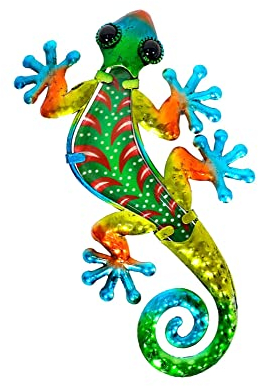 Salamandre et Gecko Mural Vert et Rouge, Métal et Verre, Collection JUNGLE GREEN, H 21 cm
