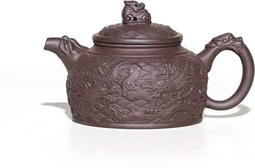 BEZAX Zisha Teekanne 8 Unzen Ton-Teekanne mit Filter, handgefertigtes Drachenrelief Fanggu, chinesisches Kung-Fu-Teekocher-Set