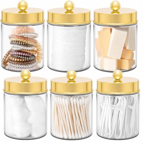 Amolliar Qtip Holder Dispenser - 8 oz Plastic Apothecary Jar Containers for Vanity Makeup Countertop Organizer Storage -Bathroom Canister Accessories Set for Cotton Swab, Ball, Pads, Floss-Gold (6) | for Bathroom Storage Vanity , Countertop, Farmhouse Style, Holds Cotton Swabs, Dental Floss, Makeup Sponges,Gold Decor
