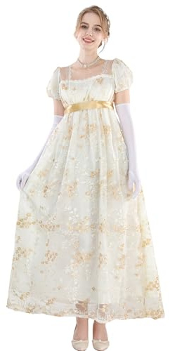 FCCAM Damen Regency Kleid Jane Austen Lange Vintage Kleider Viktorianische Ballkleid mit Handschuhen Empire Taille Kleid