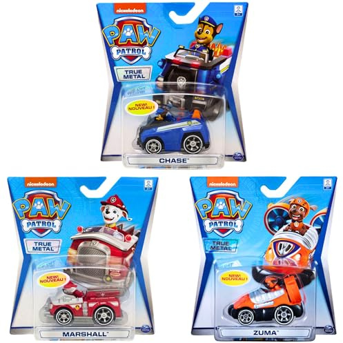 Paw Patrol – True Metal Sammlerfigur Druckguss-Spielzeugfahrzeug-Bündel – Set 1 Packung mit 3 Stück – Chase, Marshall und Zuma