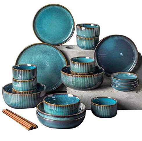 Set di stoviglie in porcellana, set di piatti e ciotole in ceramica, creatività moderna Set di piatti in gres smaltato reattivo rotondo vintage lounge per cucina/sala da pranzo, servizio per 8 Beauty