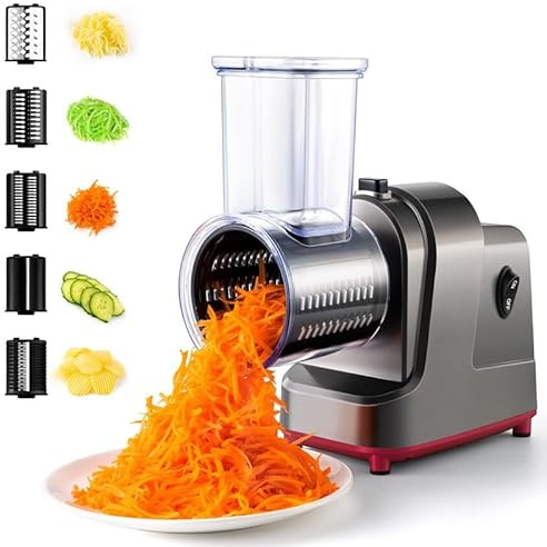 TQQEPOOL Cortador/Rallador Eléctrico para Queso En Bloque,5 En 1 Rallador Eléctrico Profesional para Verduras,Preparador Ensaladas,Zanahoria Rallada,Calabacín