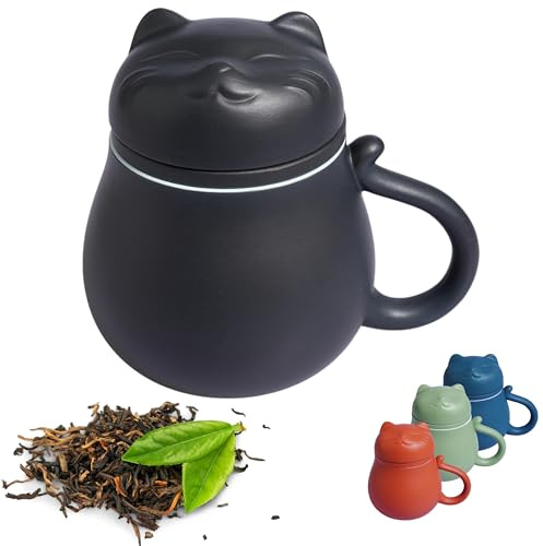Kicura Keramik-Teetasse 400 ml mit Deckel und Sieb, Katzen-Design, für losen Tee und Kräutertee (Schwarz)