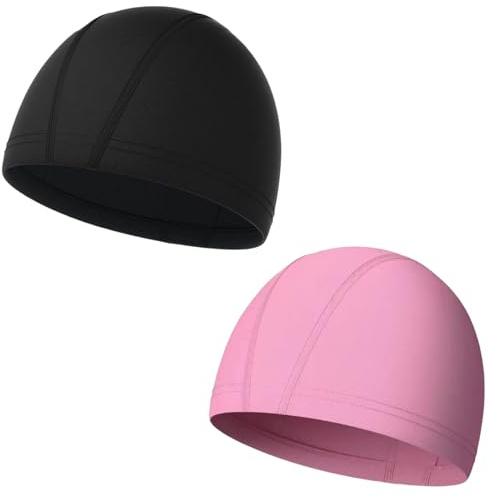 2 st elastisk och lätt badmössa för barn - bekvämt tyg badmössor för kvinnor, män och barn (svart + rosa)
