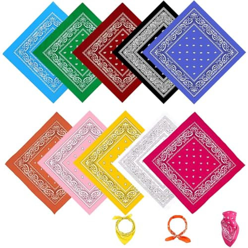 Pañuelos Cabeza Mujer, 10 Piezas Bandanas Hombres y Mujeres, Diadema de Mezclilla, Bufanda de Algodón, Ciclismo Hip-Hop Pañuelo Cuadrado, También Como Pañuelo Cuello Multicolor
