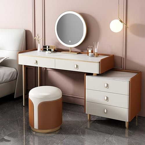Ernqi Schminktisch Mit Beleuchtetem HD-Spiegel, 3 Beleuchtungsmodi, Schminktisch Mit Links/rechts Installierbaren Schließfach, Schminktisch Mit Stuhl Fürs Schlafzimmer (Orange,C_31.5IN)