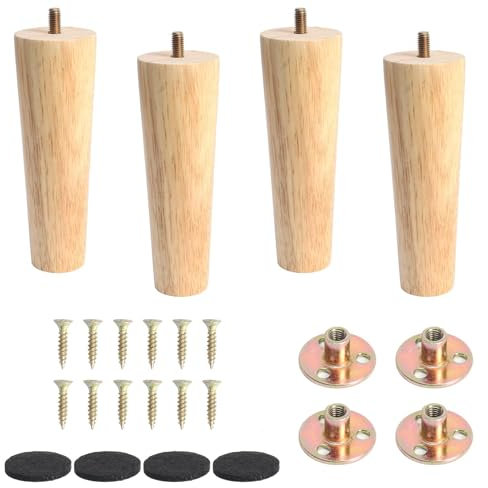 Zythrem Wooden Furniture Leg 15cm/6 inch Sofa Legs Set of 4 Chair Table Couch Leg Solid Wood Furniture Replacement Feet with Mounting Plate Rubber Protection Pad & Screws for Bed Cabinet Coffee Table
