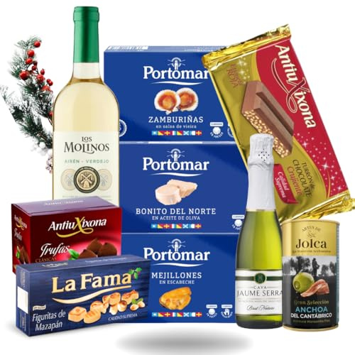 Familycom. Cesta regalo Gourmet. Surtido con Chocolates originales de regalo. Lote con Turrones, Trufas, Zamburiñas, Mejillones, Bonito del Norte, aceitunas. Vino y Champagne.