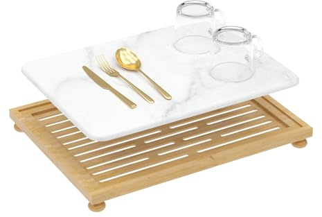 Golener Stone Drying Mat for Kitchen Counter, Dish Drying Pad with Bamboo Rack, Super Absorbent Diatomaceous Earth and Drying Rack, Multi-purpose Quick Drying Mat Rack for Kitchen,16”x12”,Marble White