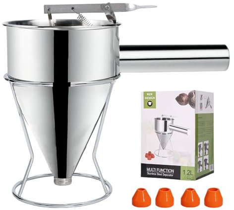 Zaxiva Dispensador de Masa, 1200ml Dispensador de Masa para Tortitas Acero Inoxidable, Embudo de Cocina con Soporte y 4 Boquillas de Silicona, Perfecto para Tortitas de Postres