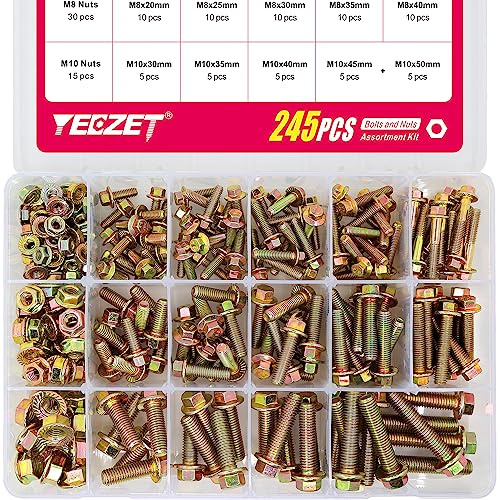 YEEZET 245 Stück M6 M8 M10 Flanschschrauben und Flanschmuttern aus verzinkt 8.8 Sechskantschrauben & Muttern Sortiment kit