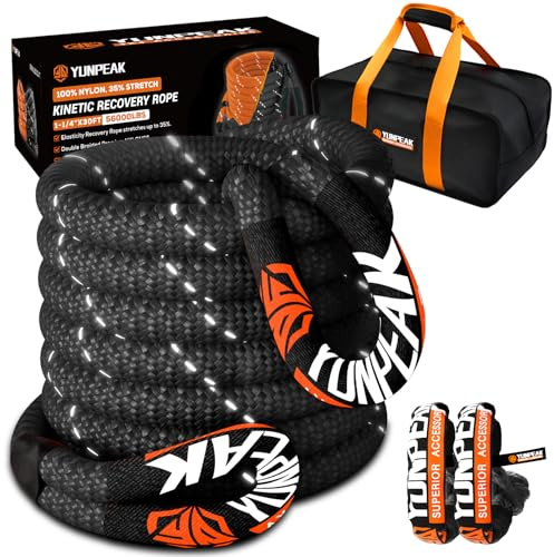 YUNPEAK Corda di traino cinetica da 3,2 cm x 9,1 m (25,4 kg) resistente corda di recupero fuoristrada con 2 grilli morbidi UHMWPE (25,4 kg) kit di fune di traino per camion, SUV, UTV, ATV, trattore,