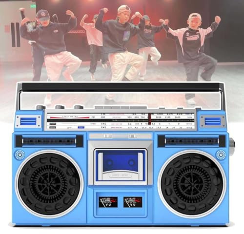 Boombox con lettore CD in stile anni '80, portatile, con radio AM/FM, ingresso SD/USB e registratore a cassetta, per viaggi in famiglia