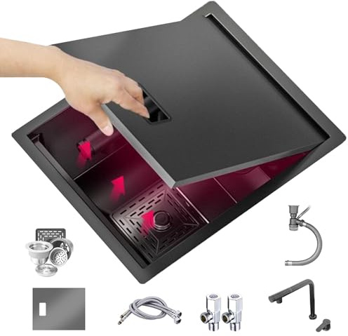 PEBFHSQW Invisible Sink with Pull-Out Lifting Faucet Cover RV Studio Outdoor Bar Kitchen Sink Stainless Steel Concealed Vegetable Washbasin(40 * 44 * 22cm)