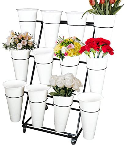 Présentoir à fleurs à 3 niveaux avec roulettes pour intérieur et extérieur, jardin, terrasse, seau blanc