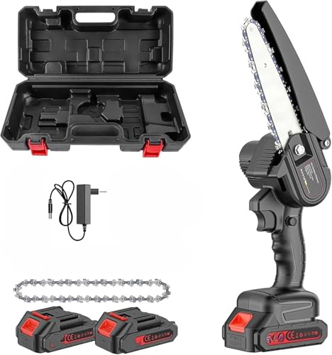 SQUADO Motosega 8 Pollici a Batteria, Elettrosega, Kit con 2 Batterie e Custodia, Rosso, nero e blu e Vano per olio automatico