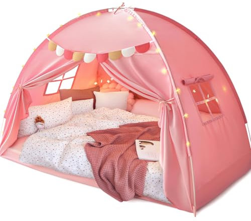 Razee Full Size Bed Canopy for Kids, Girls Bed Tent Dream Privacy Sleeping Tents Indoor (String Lights and Pennant Banners are Included) (Large Pink)