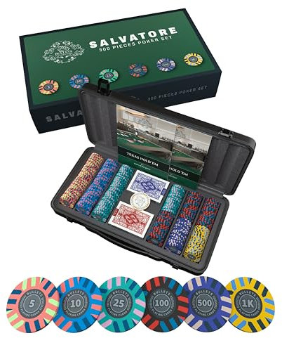 Bullets Playing Cards | Pokerkoffer „Salvatore“ mit 300 Clay Pokerchips 10g | Pokerset mit Karten, Würfeln, Dealer Button & Pokerregeln