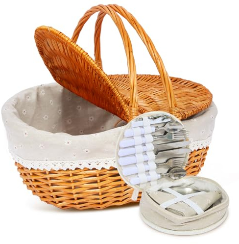 HYBDAMAI Weiden-Picknickkorb für 4 mit Deckel, Futter und Besteck | Stabiler Tragegriff, rustikaler Look, leicht zu tragen, ideal für Outdoor, Camping, Halloween, Weihnachten und Geburtstage