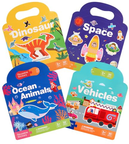 4 Stück Wiederverwendbare Kinder Stickerbuch, Tragbar 3D Stickerbücher für Kinder, Wasserdicht 3D Puffy Aufkleber, 3D Stickerbüch Fördert die Frühkindliche Entwicklung, für 2-5 Jährige