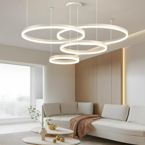SJUN Moderner LED-Kronleuchter DIY Kreis LED-Pendelleuchte Metall + Acryl Fernbedienung Dimmbar Runde Deckenleuchte Wohnzimmer Schlafzimmer(Bianco,C-20+40+60+80CM)