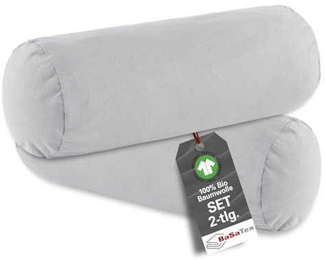 BaSaTex Bio Kissenbezüge für Nackenrolle 40x15 cm im 2er Pack - 97% GOTS-Zertifizierte Baumwolle + 3% Elasthan - Farbe: Silber