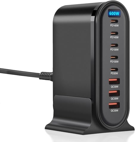 600W Chargeur USB C Multiple, 8 Ports Chargeur Rapide GaN Multiprise QC+PD, Chargeur Rapide Prise Station de Charge Compatible avec Laptop Phone
