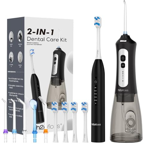 H2ofloss Sonic Electric Toothbrush and Water Flosser Combo, Rechargeable 2000mAh Toothbrush and 2500mAh Oral Irrigator with 300ml Tank, 4 Brush Heads, 5 Nozzles, 2 in 1 for Home and Travel (Black)