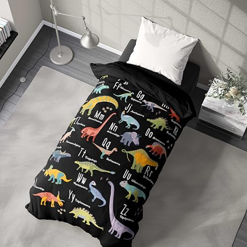 Personalised Dinosaur Alphabet Single Duvet Cover and Pillowcase Set – Custom Name Kids Bedding with A–Z Dinosaur Design – Boys Toddler Bedroom Gift
