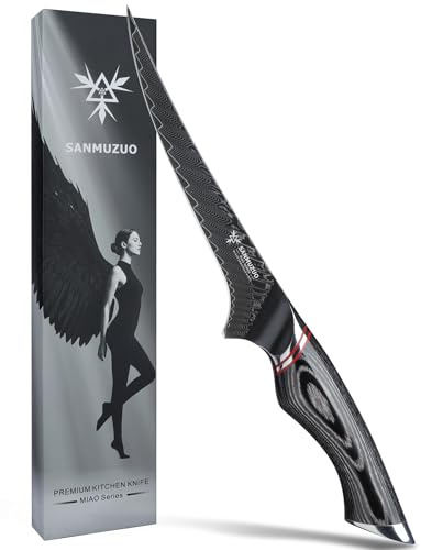 SANMUZUO 18 cm Filetiermesser – Professionelles Küchenausbeinmesser – Schwarzer Damaststahl mit ergonomischem Griff – Miao Serie