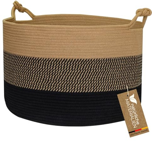 HMF Cesto portaoggetti con manici con nodo portafortuna, grande cesto in cotone, 50 x 33 cm, nero miele