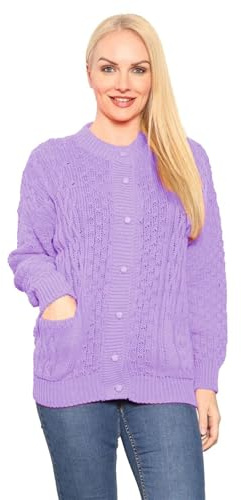 janisramone Cardigan en tricot torsadé épais pour femme, col rond, manches longues, pull boutonné pour l'automne et l'hiver, cardigan pour femme avec poches, hauts tricotés pour femme, lilas, 48-50