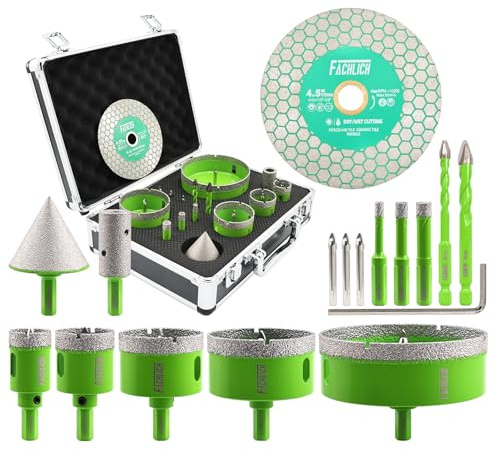 FACHLICH Tile Hole Cutter Set - 16pcs Diamond Hole Saw (6/8/10/25/35/50/65/100mm) with Finger Bit and Chamfer Bit, Tile Drill Bits for Porcelain Ceramic Marble Brick Granite
