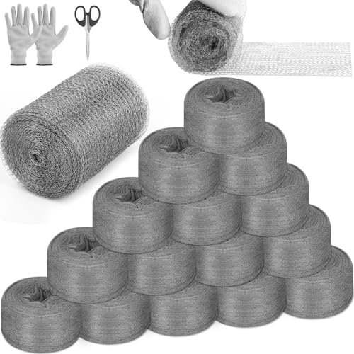 Steel Wool Mice Control,12 Pack 3.2 x120 FT #00 Steel Wool & 1 Pack 5 x30 FT Wire Mesh, Fine Stainless Steel Wool Keep Mouse Away from Holes,Barrier and Gap Filler for Home Garden Kitchen Pipeline