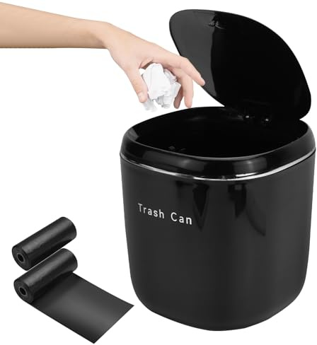 FAELNK Cestino da Tavolo Piccolo con Coperchio a Scomparsa Nero Mini Cestino da Tavolo 2,5 l per Camera da Letto Bagno Ufficio Cestino per Cosmetici Posacenere con 2 Rotoli di Sacchetti