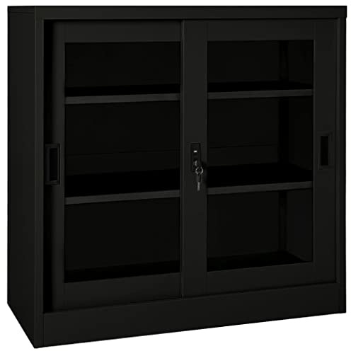 Mokuyary Cabinet with Sliding Door, Black, 90 x 40 x 90 cm, Steel Sideboard, Chest of Drawers, Kitchen Cabinet, Storage Cabinet, Side Cabinet for Living Room, Hallway, Kitchen