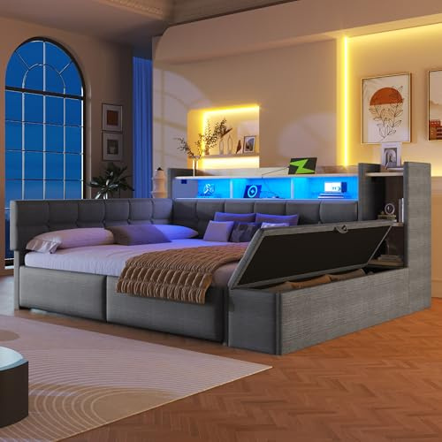NovaFurnish Tagesbett, Daybett, Schlafsofa, 140 × 190 cm, mit Zwei Schubladen, USB- und Typ-C-Anschlüssen, Ablagefach, Stauraumbank am Fußende, LED-Lichtleiste, Ohne Matratze, Samt, Dunkelgrau