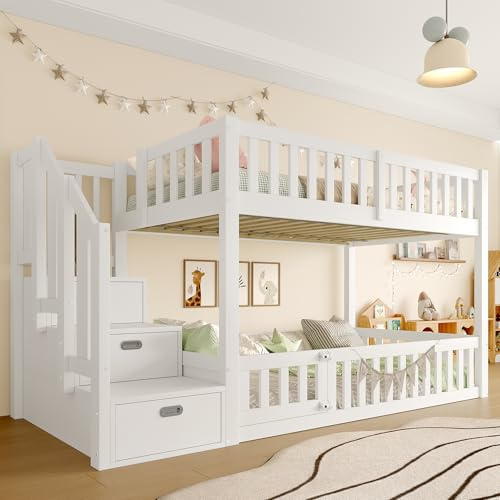 Moimhear Letto a castello, scala con vano portaoggetti, senza materasso, bianco, 90 x 200 cm