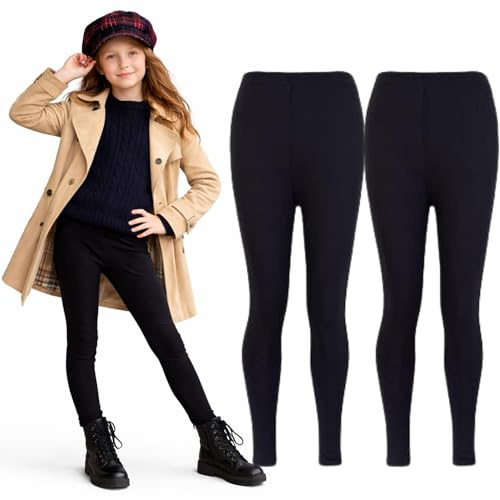 Panzy® 2 Pack Girls Kids Children Plain Stretchy 95% Cotton Leggings Ages 7 to 13 (7/8 yrs, Black)