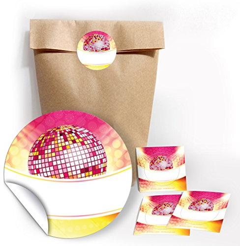 12 Party-Tüten aus Kraftpapier mit 12 Aufkleber Disco für Geschenke Mitgebseln/Kindergeburtstag/Hochzeit/Geburtstag/Taufe/Kinderfest/Papier-Tüten für Geschenkverpackung