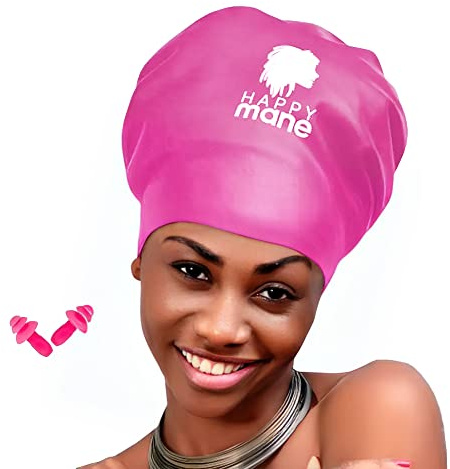Happy Mane Silikon-Badekappe für Zöpfe und Dreadlocks – hält Ihr Haar beim Schwimmen Baden trocken mit langen Haaren, Verlängerungen, lockigem extra große Duschhaube Damen, Herren, Kinder (Pink, L)
