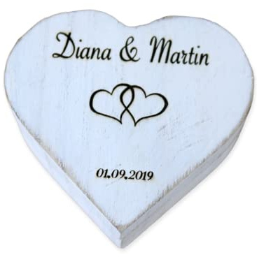 Rustikale RINGBOX aus HOLZ Herz Jute Ringkissen mit GRAVUR in Shabby Chic Weiß Vintage Hochzeit Ringschachtel für Eheringe Ringkästchen Ringschatulle Personalisiert