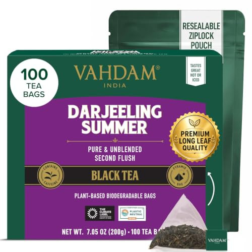 VAHDAM, Darjeeling Summer Té Negro (100 Piramidales Bolsitas De Té) Bolsas De Té Darjeeling Sin Mezclar Puras | Ingredientes 100% Naturales, Envasado Fresco En La India | Caliente/Frío O Como Kombucha