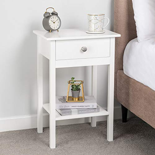 CHRISTOW White Bedside Table With Shelf & Drawer Bedroom Nightstand 60cm x 40cm x 30cm