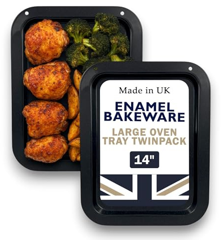 Set of 2 x Large 36cm Vitreous Enamel Oven Roasting Baking Trays - UK Made