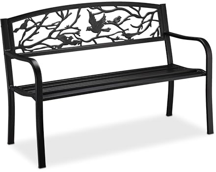 Relaxdays Panca da Giardino, con Volatili Decorativi, Accessorio di Arredo da Esterno, HLP: 87x127x57 cm, Nera