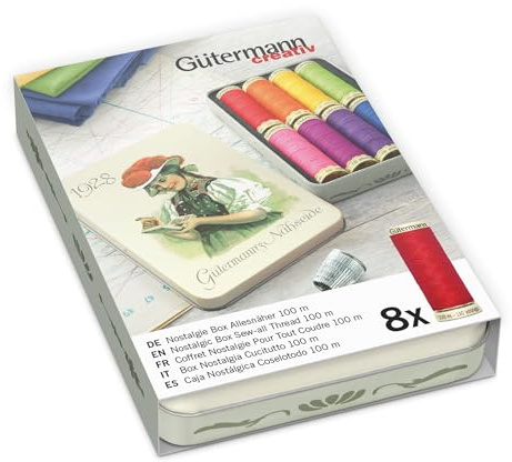 Gutermann Creativ Coselotodo - Set de regalo de hojalata nostálgico, 100m 8 bobinas, 100% poliéster, cosido a mano y a máquina, colores vivos