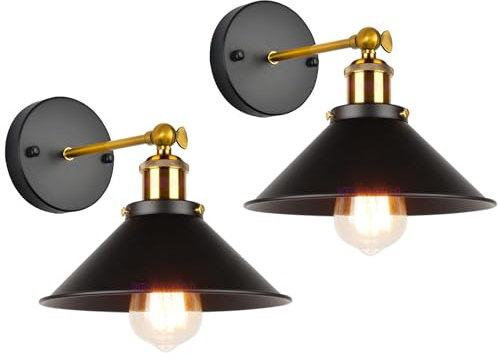 iDEGU Lot de 2 Lampe Applique Murale Industrielle, Lampe Murale de Style Edison en Forme de Parapluie E27 Métal Plafonnier Luminaire Rétro Applique Intérieure pour Chambre Salon Bar, 220mm (Noir)