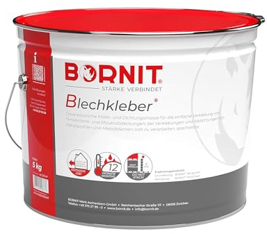 BORNIT Blechkleber 5kg Fensterbank klebt und dichtet [schalldämmend] | Montagekleber Baukleber Mauerabdeckung Blech Montagekleber außen Gartenhaus Carport Garage Kleber Metallkleber Baustelle